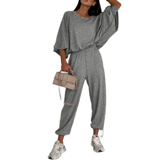 Damen Lässiges Strick-Lounge-Set mit Fledermausärmeln und High-Waist-Joggpants EB