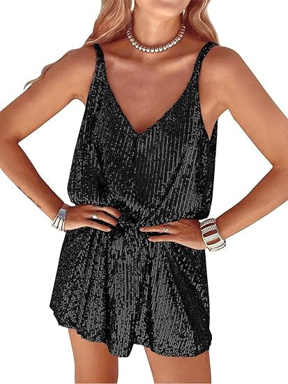 Damen Glitzerndes Jumpsuit mit tiefem V-Ausschnitt und elastischer Taille EB