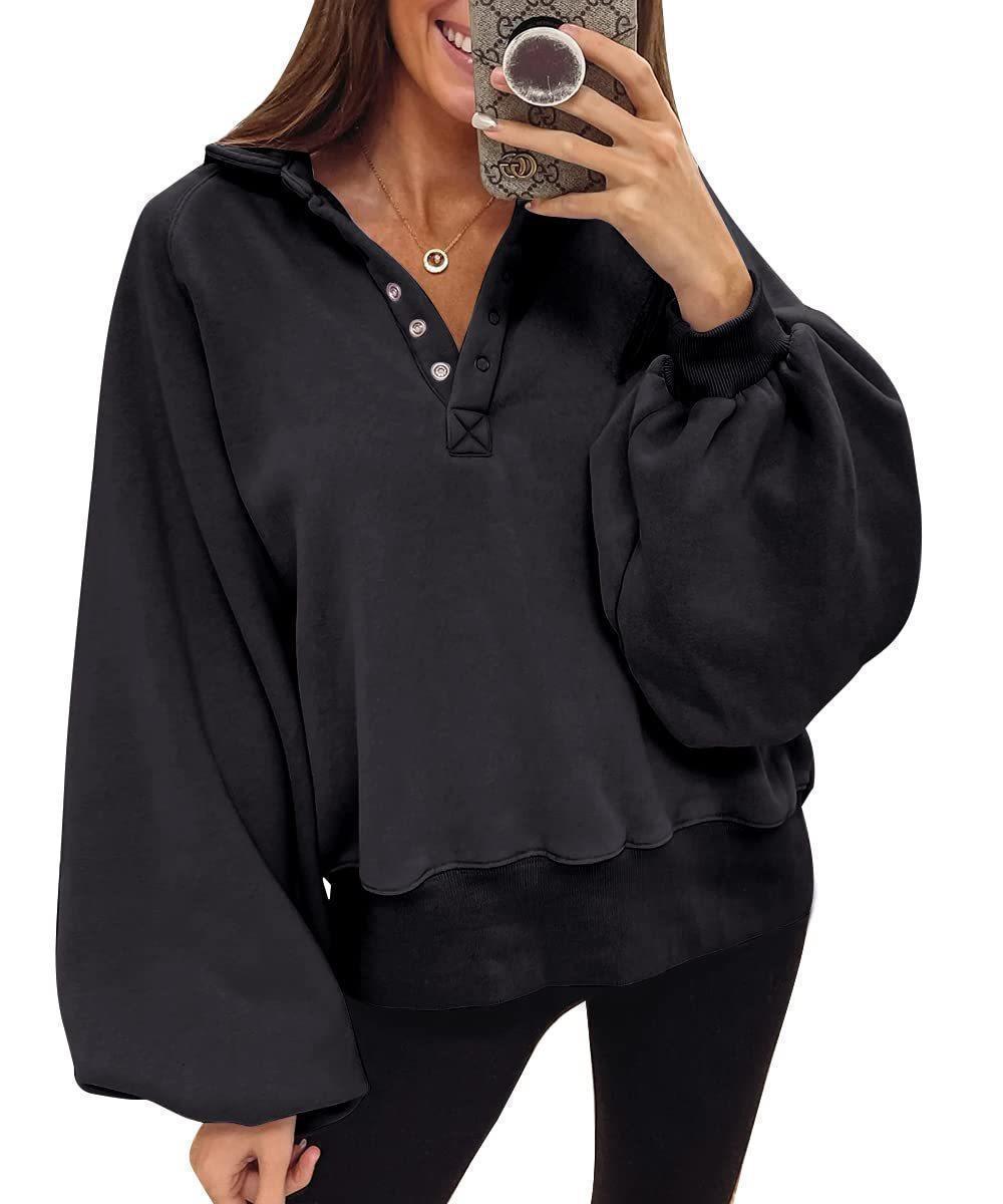 Damen oversized Pullover mit Puffärmeln und Knopfdetails EB