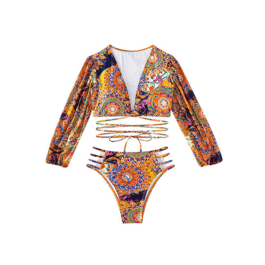 Damen Bikiniset mit langärmeliger Bluse und modischen Schnürdetails EB