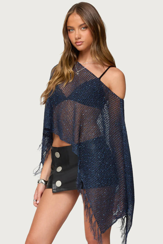 Damen Netzponcho mit funkelnden Akzenten EB
