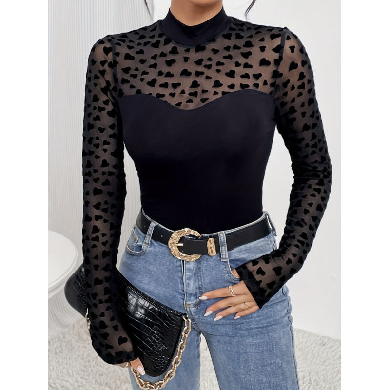 Damen Langarm-Body mit transparenten Herzen und elegantem Stehkragen EB