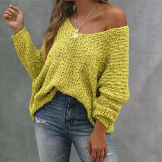 Damen Lässiger Strickpullover mit weitem V-Ausschnitt und off-Shoulder Stil EB