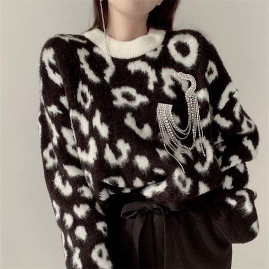 Damen Flauschiger Leopardenmuster Pullover EB