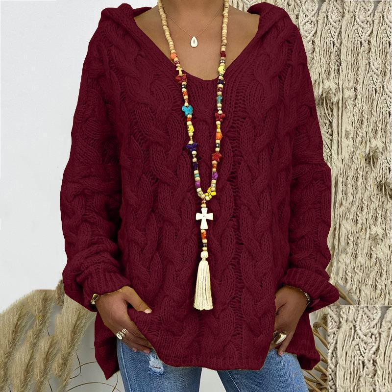 Damen nan grob gestrickter Kapuzenpullover mit Zopfmuster und weitem Oversize-Schnitt EB