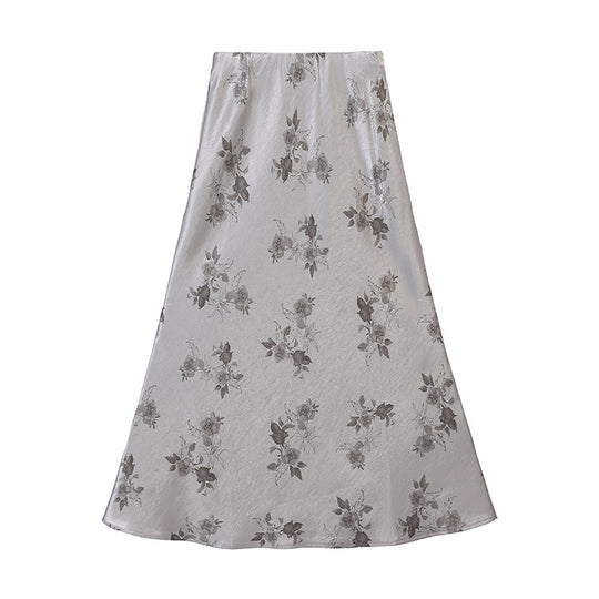 Damen  taillenhoher A-Linien-Midirock aus jacquardähnischem Satin mit floralem Relief EB