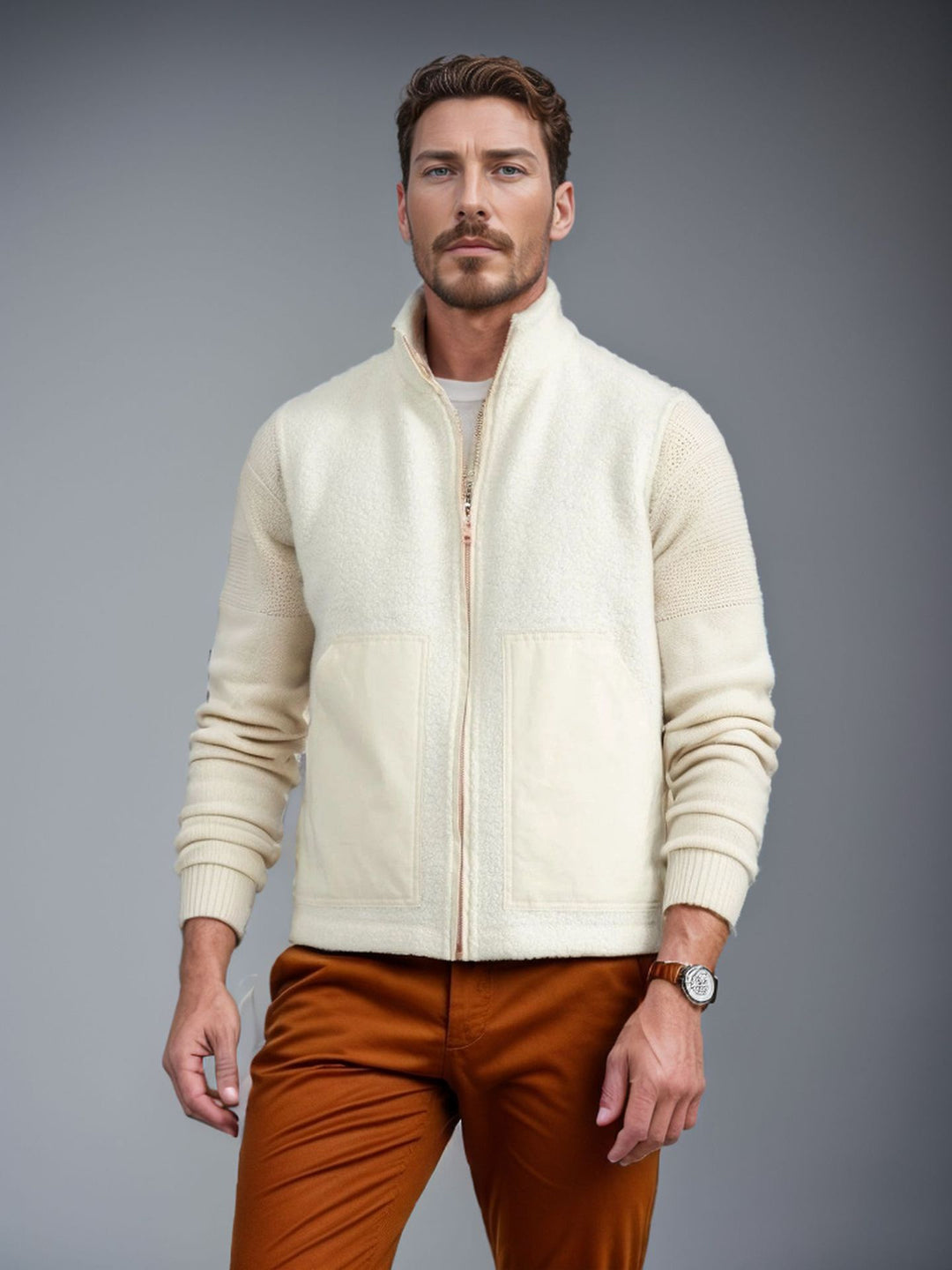 Herren modische Fleecejacke mit strukturiertem Kragen und praktischen Taschen EB