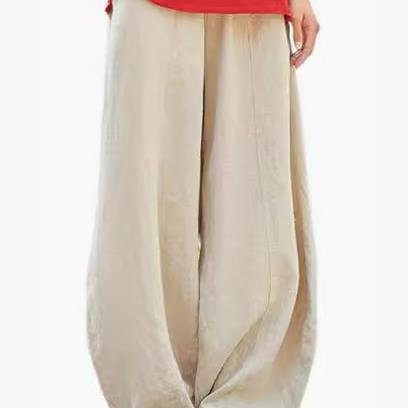 Damen weite Leinenhose mit elastischem Bund und praktischen Taschen EB