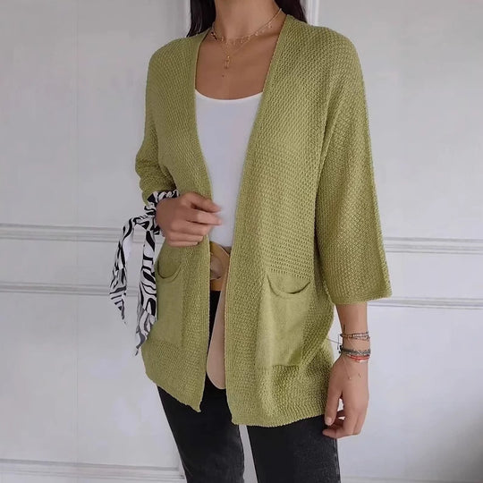 Damen lässige Strickjacke mit offener Vorderseite und praktischen Taschen EB