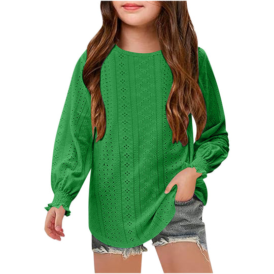 Damen Ajourgestricktes Oversize-Pullover-Shirt mit Ballonärmeln und Rüschenbündchen EB
