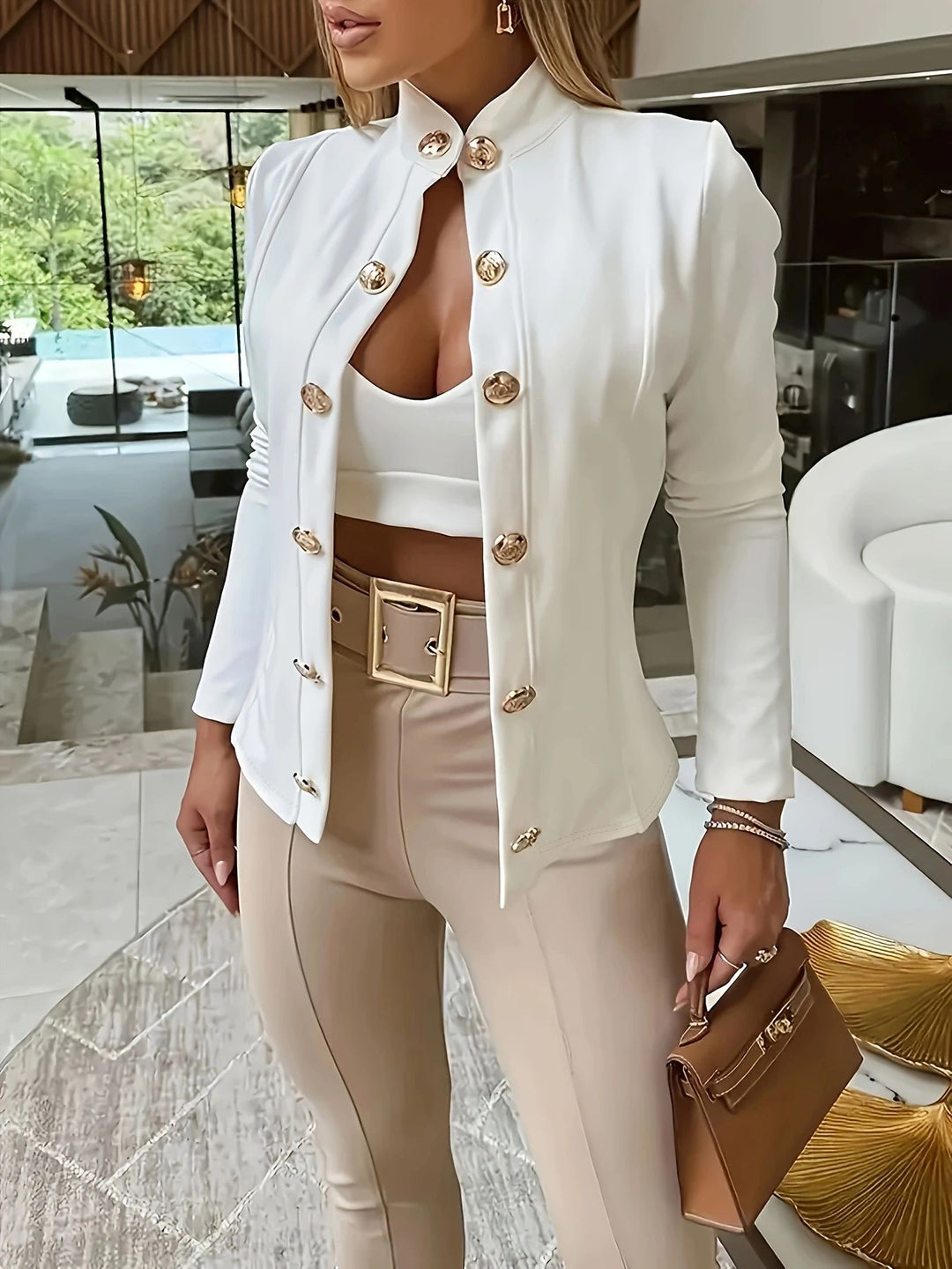 Damen elegante Couture-Jacke mit Schmuckknöpfen und tailliertem Schnitt EB