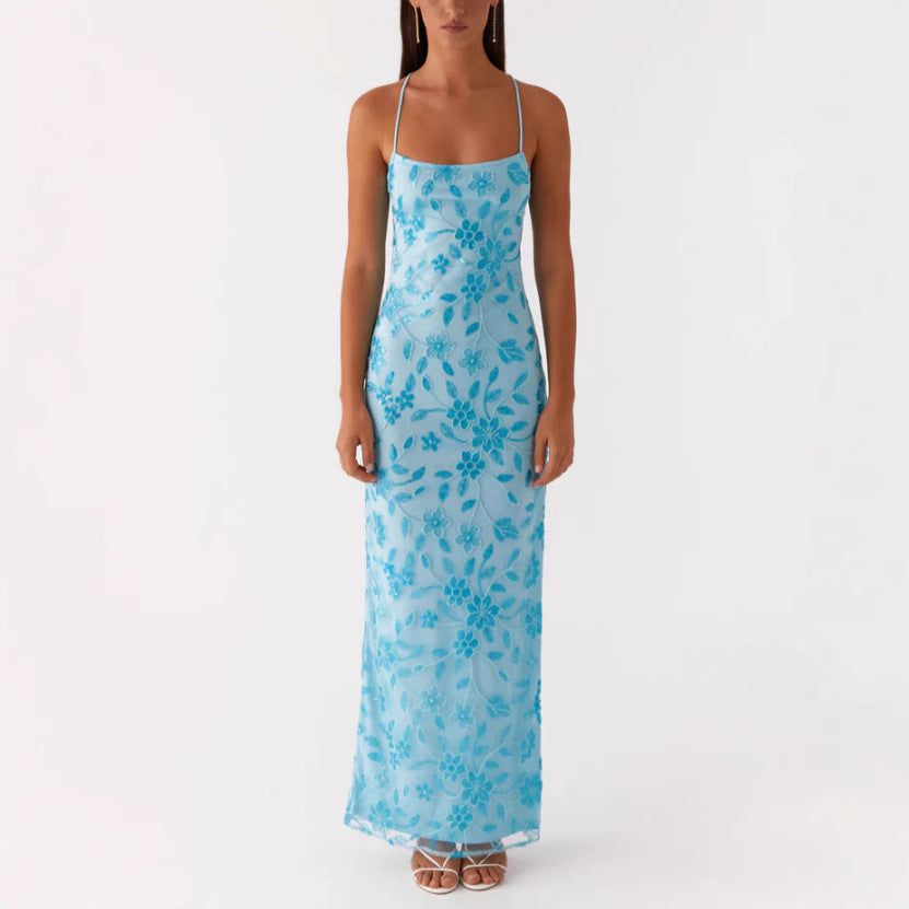 Damen Couture Maxikleid mit floralem Smock-Design und verführerischem Rücken EB