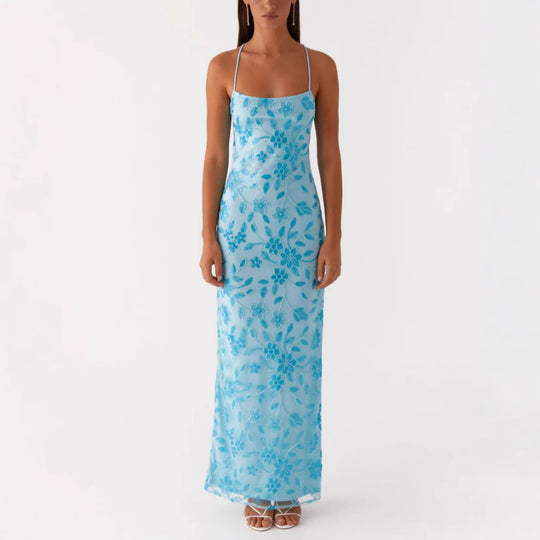 Damen Couture Maxikleid mit floralem Smock-Design und verführerischem Rücken EB
