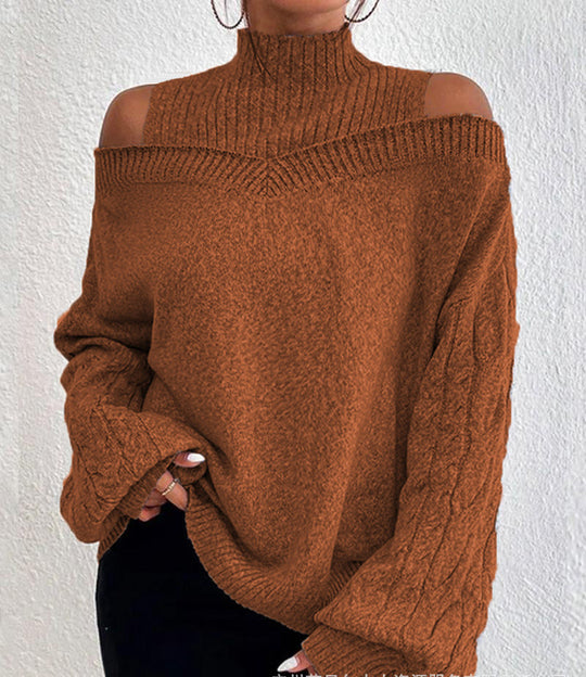 Damen nan schulterfreier Strickpullover mit Stehkragen und Zopfmusterärmeln EB