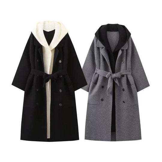 Damen lässiger Longcardigan mit bindbarem Taillengürtel und zweilagigem Kragen EB