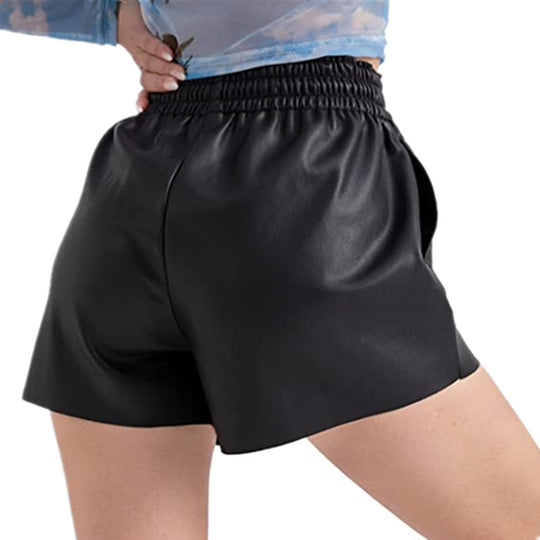 Damen lässige Shorts aus innovativem Kunstleder mit elastischem Bund und praktischen Knopfdetails EB
