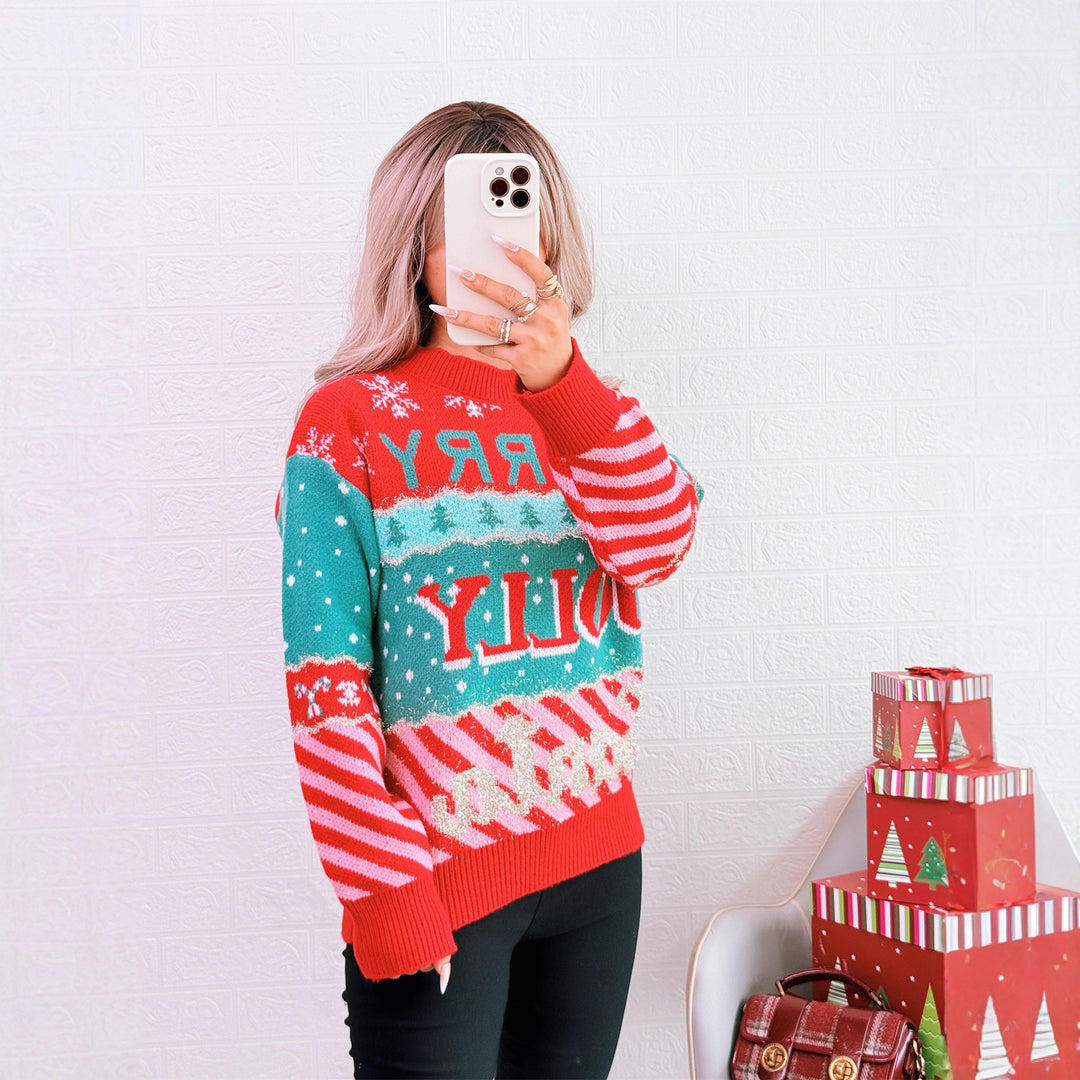Damen festlicher Strickpullover mit kreativem Weihnachtsdesign EB