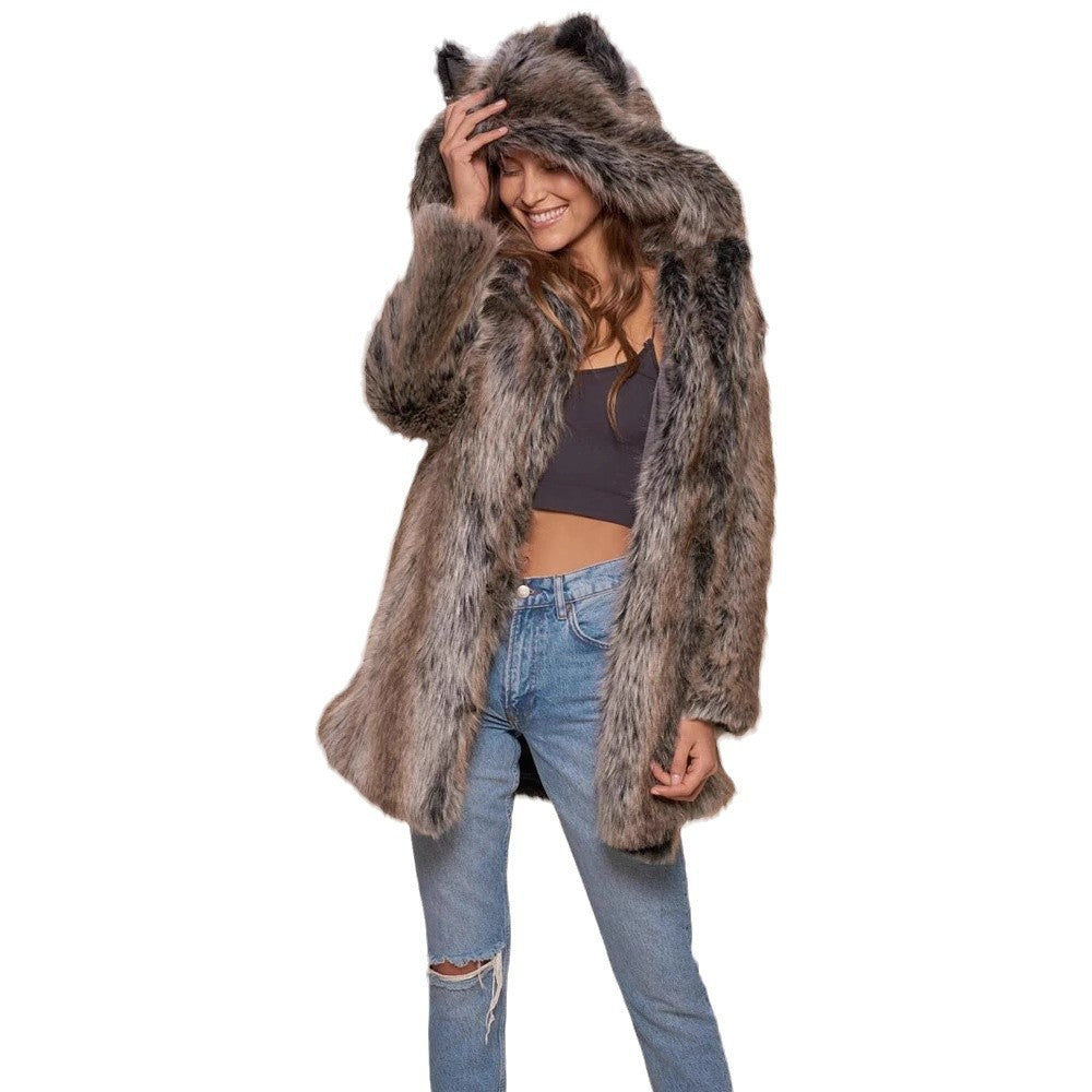 Damen Hooded Faux-Fur-Mantel mit Ohrenschützer EB