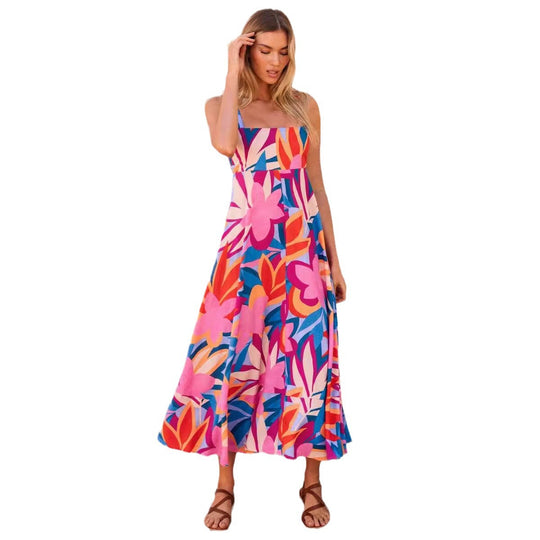 Damen Maxikleid mit Blumenmuster und verstellbaren Spaghettiträgern EB
