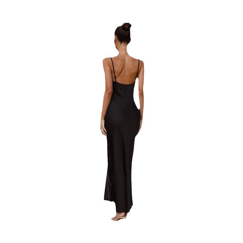 Damen Elegantes, fließendes Maxikleid aus hochwertigem Satin mit Spaghettiträgern EB