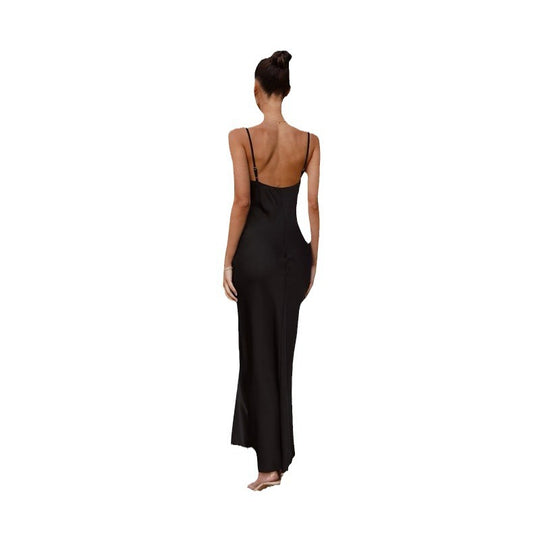 Damen Elegantes, fließendes Maxikleid aus hochwertigem Satin mit Spaghettiträgern EB