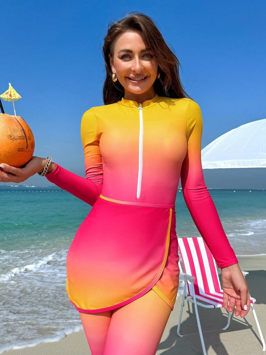 Damen sportlicher Rashguard mit Reißverschluss und elegantem Wickeldetail EB