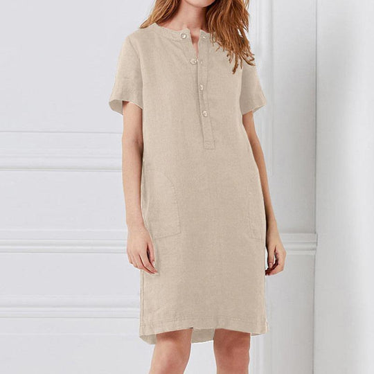 Damen lässiges Leinenkleid mit Knopfleiste und praktischen Taschen EB