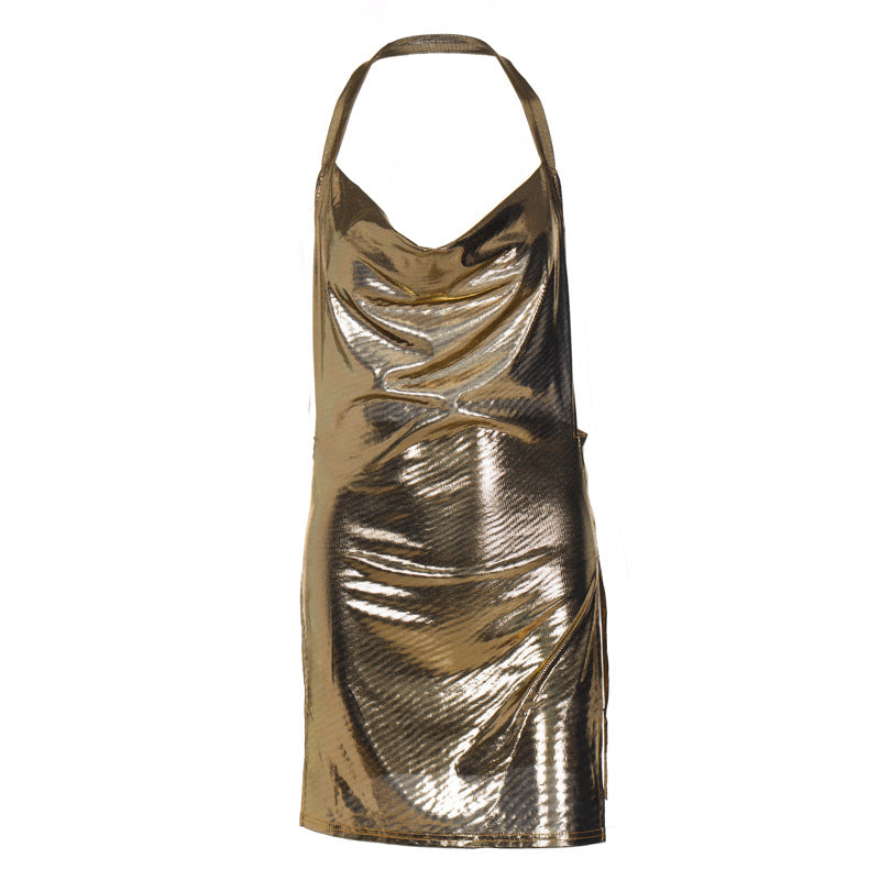 Damen glänzendes Minikleid im lässigen Chic-Stil mit Halternack EB