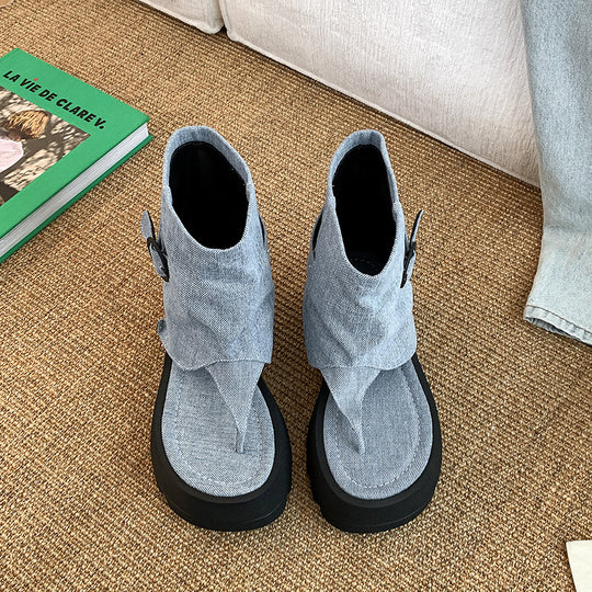 Damen Bequeme Ankle-Boots mit modischem Falten-Design und robustem Sohlenprofil EB