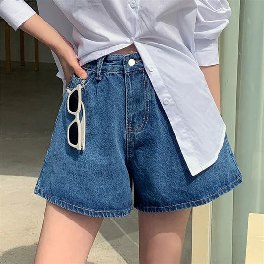 Damen Freizeit Jeans-Shorts mit hohem Bund und elastischem Gürtel EB