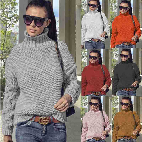 Damen kuscheliger Strickpullover mit Rollkragen und strukturierten Ärmeln EB