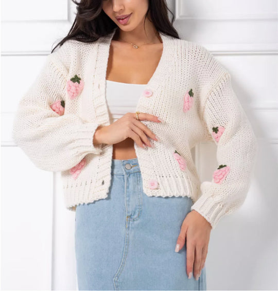 Damen Strickjacke mit floralem Stickdesign und geripptem Bund EB