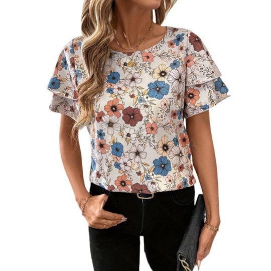 Damen Kurzarm-Bluse mit Volant und floralem Muster EB