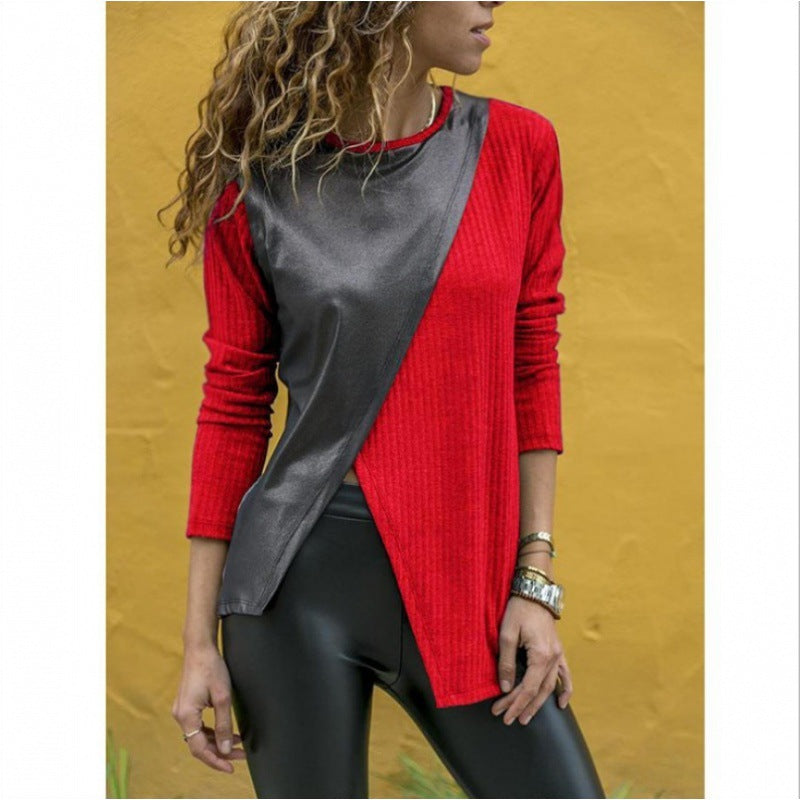Damen Asymmetrisches Longsleeve mit Lederoptik‑Overlay und Rippstrick EB
