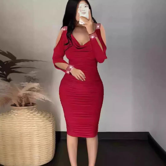 Damen Figurbetontes Cocktailkleid mit detaillierter Raffung und Off-Shoulder-Ärmeln EB