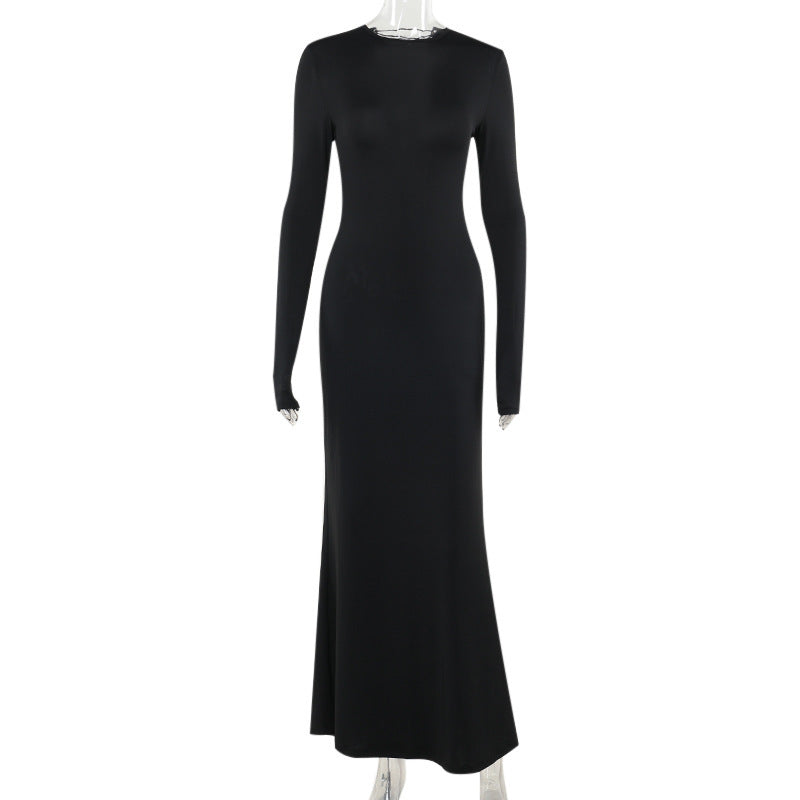 Damen Figurbetontes Maxikleid aus Stretch-Jersey mit langen Ärmeln und rundem Ausschnitt EB