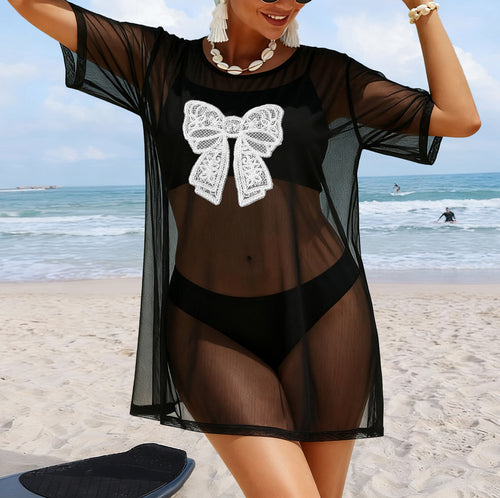 Damen transparenter Strandüberwurf mit filigranem Spitzenmuster EB