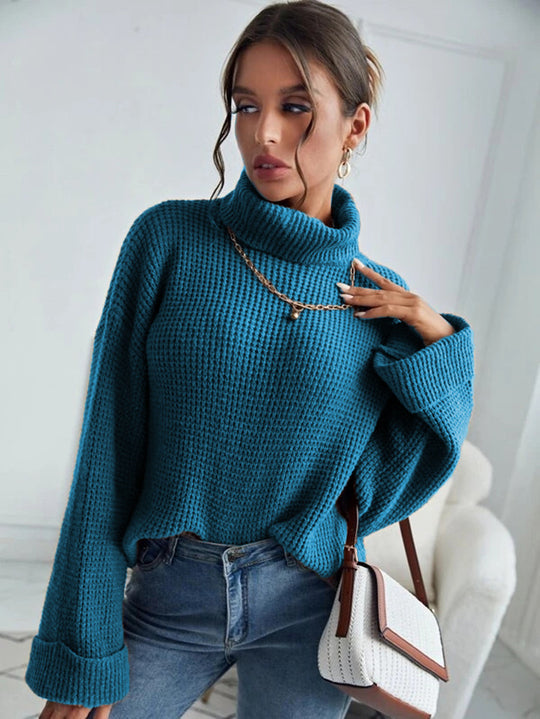 Damen Oversized Pullover mit hohem Kragen und strukturiertem Design EB