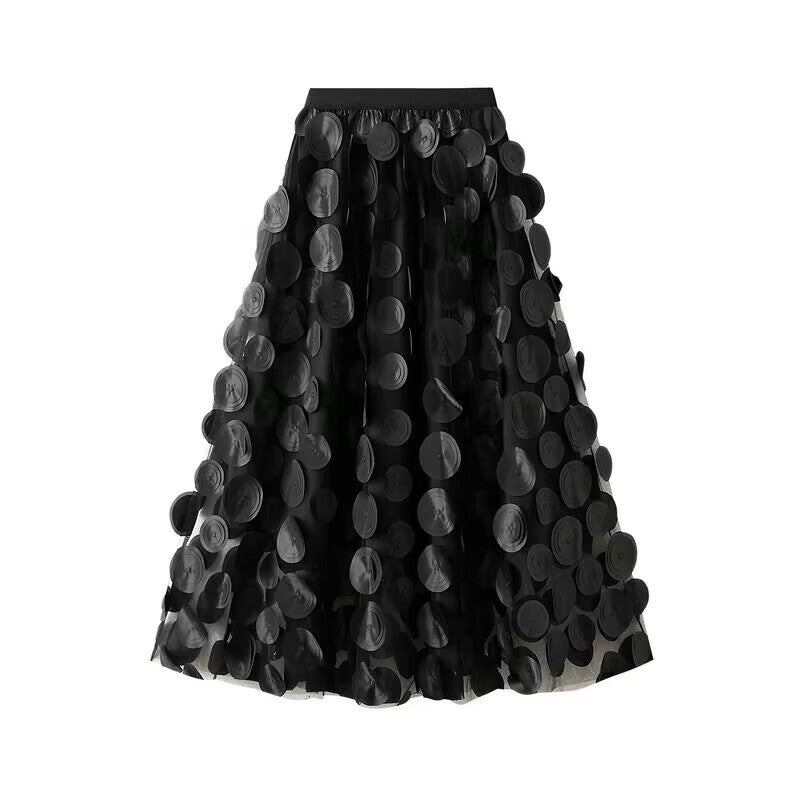 Damen nan ausgestellter Midirock mit transparenten 3D-Aufnähern und elastischem Bund EB