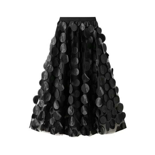 Damen nan ausgestellter Midirock mit transparenten 3D-Aufnähern und elastischem Bund EB
