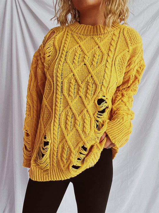 Damen Grobstrickpullover mit einzigartigem Zopfmuster und ausgefransten Details EB