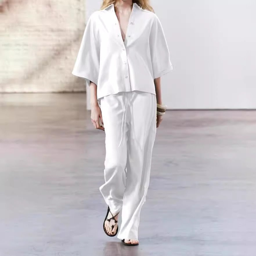 Damen elegantes Blusen und Hose Ensemble aus atmungsaktivem Stoff EB