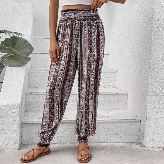 Damen Freizeithose im Bohemian-Stil mit elastischem Bund und Blumenmuster EB