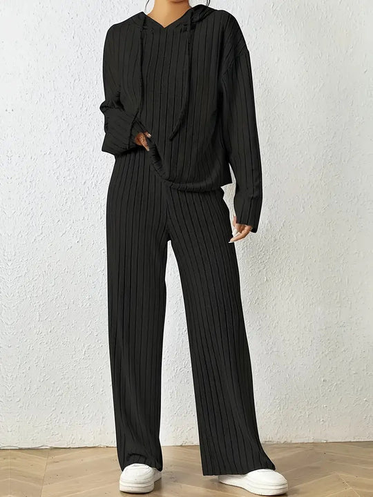 Damen lässiges Strickset mit weichem Hoodie und weiten Hosen EB