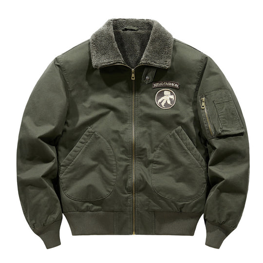 Men's  shearling-collar aviator bomber jacket with utility sleeve pocket EB