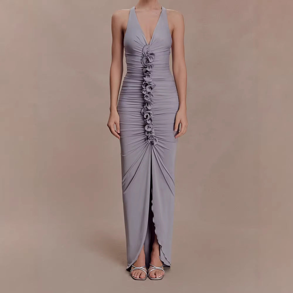 Damen Hochwertiges Abendkleid mit tiefem V-Ausschnitt und Raffungen EB