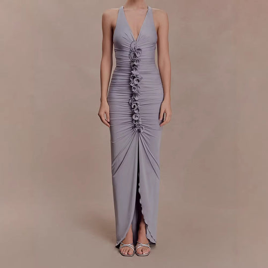 Damen Hochwertiges Abendkleid mit tiefem V-Ausschnitt und Raffungen EB