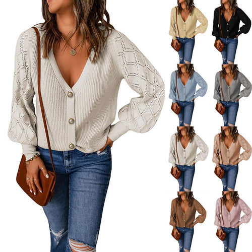 Damen Strickjacke mit V-Ausschnitt und modischen Puffärmeln EB