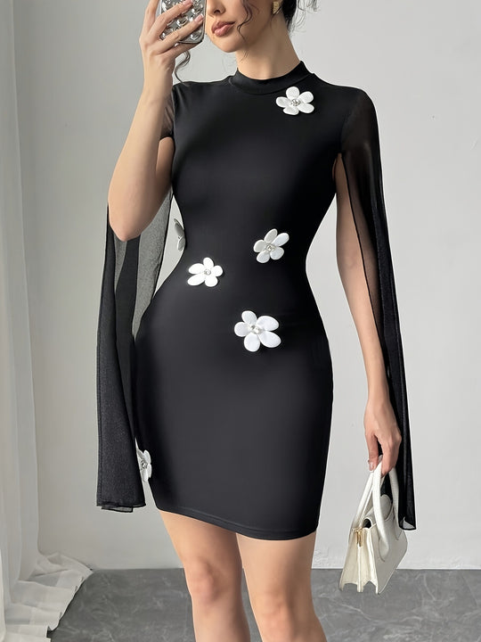 Damen Kleid mit transparenten Ärmeln und floralen Applikationen EB