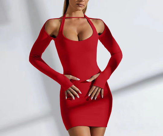 Damen Einseitig Offenes Mini-Kleid mit Langarm EB